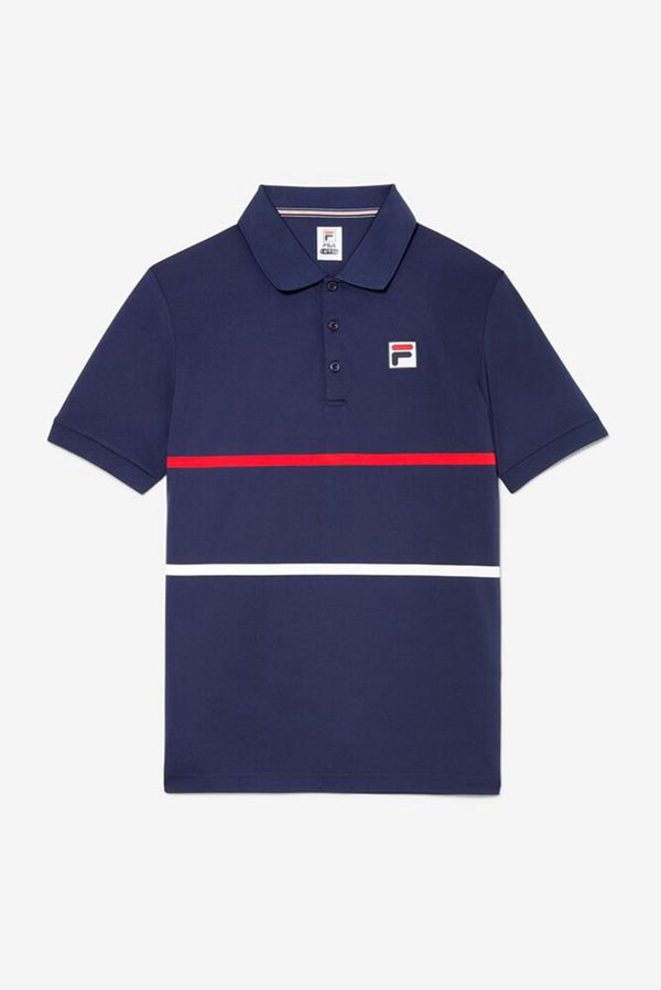 Fila Short Sleeve Tennis With Double Stripe Men's Polo Shirts - Navy/Red/White,NZ 107-75681